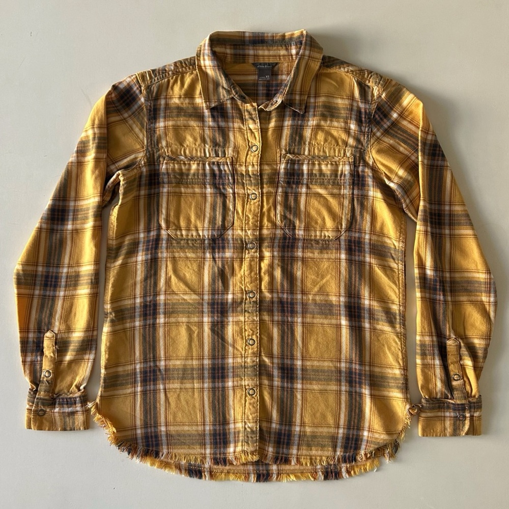Eddie Bauer Yellow Brown Plaid Button Down top Distressed Raw Hem Fall/Winter XS